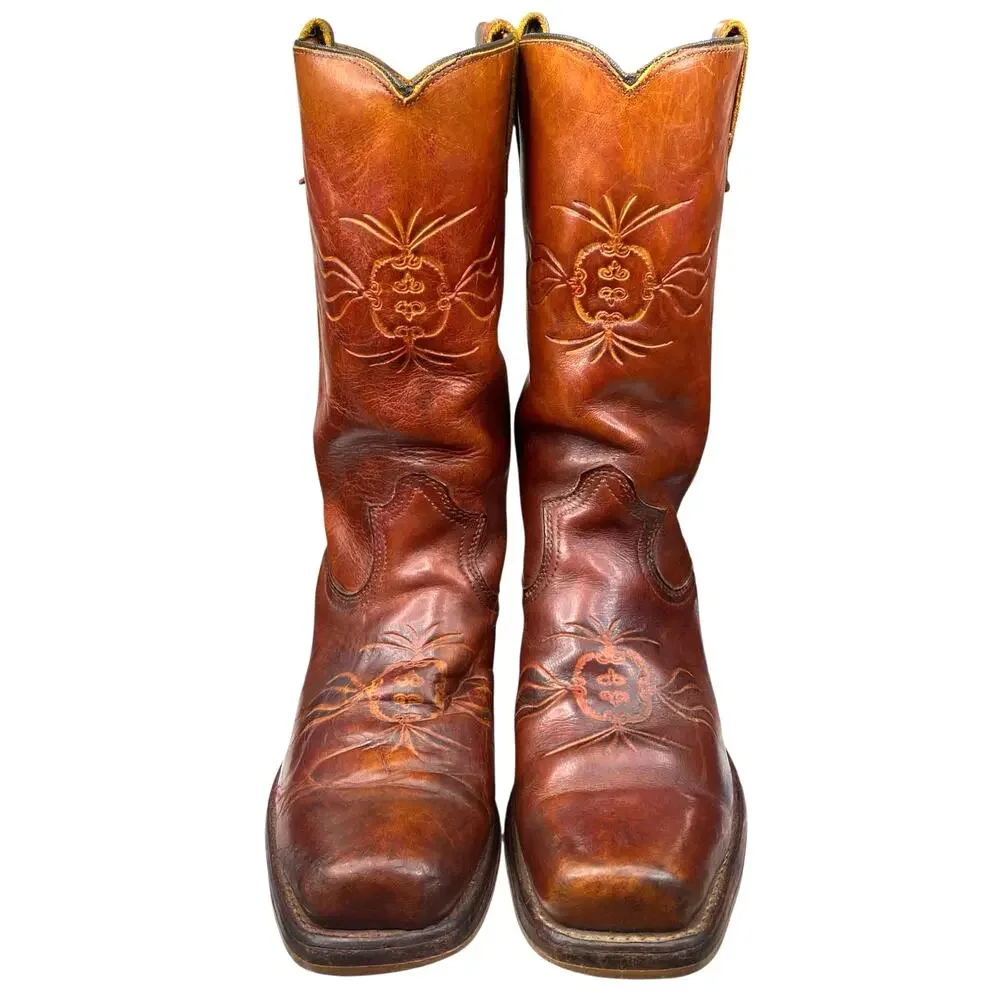 Vintage 70’s Sears Men’s Brown Leather Campus Style Cowboy Boots Size US 8 D